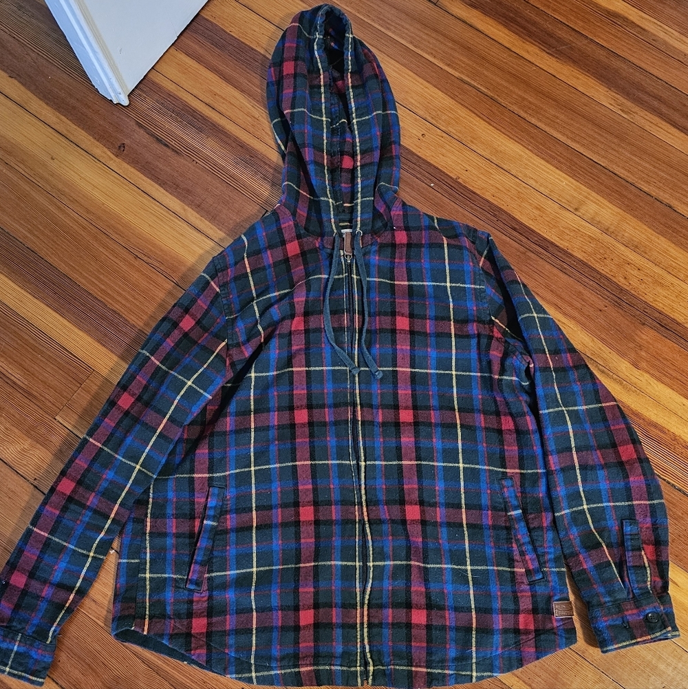 L.L.Bean Flannel Zip Up Hoodie Red Green Blue Plaid Size Medium
